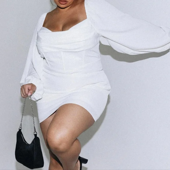 Princess Polly White Lillie Balloon Sleeve Bustier Fitted Bodycon Mini Dress 16 - Picture 1 of 6